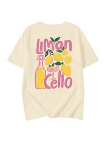Camiseta de mujer de manga corta, cuello redondo, estampado gráfico de limón soda, suelta y versátil, ideal para uso casual y vacaciones - Albaricoque 2 - Ver 2