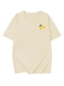 Camiseta de mujer de manga corta, cuello redondo, estampado gráfico de limón soda, suelta y versátil, ideal para uso casual y vacaciones - Albaricoque 2 - Ver 3