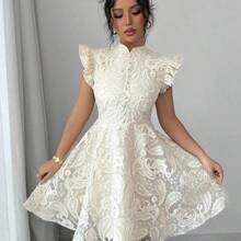 Women's Elegant Stand Collar Lace Solid Cap Sleeve A-Line Mini Dress, Suitable For Date, Party, Garden, Valentine's Day, Holiday - Albaricoque - Ver 6