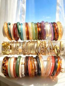 15/10/8/5/3pcs Bohemian Style Fashion Minimalist Elegant Exquisite Vintage Design Colorful Resin Gradient Geometric Ribbon Flower Water Drop Round Bead Heart Starburst Round Bead Embossed Texture Twisted Cuban Chain Multi- Patchwork Design Minimalist Plain Band Exaggerated Wide Chunky Bangle Set For Holiday Vacation Party Date Gift Daily Commute Wear - Multicolor - View 3