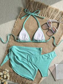 Conjunto de 3 piezas de traje de baño de bikini de unicolor y estilo sexy de halter para mujeres, conjunto de traje de baño, para vacaciones de verano en la playa - Verde 3 - Ver 2