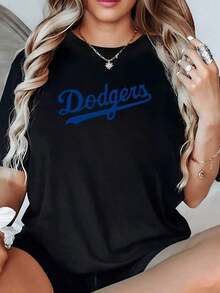 Fashion NEWEl estampado destaca la palabra Dodgers en azul simbolizando pasión deportiva energía juvenil y espíritu competitivo ideal para amantes del béisbol y la moda moderna camiseta para mujer 100% algodón suave y cómoda-Vintage Street Style Unisex Loose Cotton Short Sleeve Crew Neck T-Shirt - Negro - Ver 7