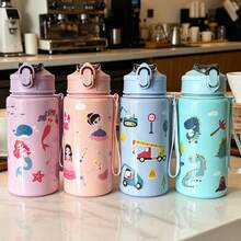 1 Stück 500ml (17oz) Kinder Cartoon Muster süße Strohhalm Tasse, bestes Geschenk für Mädchen und Jungen für Schulanfang oder Abschluss, Outdoor Sport Wasserflasche, Campus Studenten Cartoon Tasse - Transparent - Übersicht 8