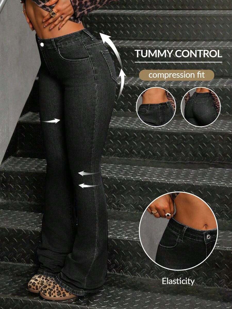 Women's Casual Pocketed Mid-Waist Skinny Flare Jeans - Negro 4 - Ver 1