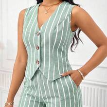Lady Conjunto de 2 piezas de chaleco y pantalones cortos a rayas de verano casual para mujer - Multicolor - Ver 4