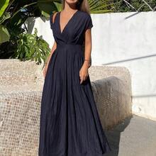 Women's V-Neck Waist Cinched Mid-Length Dress, Short Sleeve Vacation Maxi Dress Sundress - Azul Marino - Ver 2