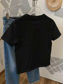 Women's Letter Print T-Shirt, Short Sleeve Graphic T-Shirts For Women. Women's Boston Print Sports T-Shirt, Loose Fit, Round Neck, Short Sleeve, Spring-Summer, Ideal For Casual Wear And Outdoor Activities, Fashion Category. - 黑色 - 查看 3