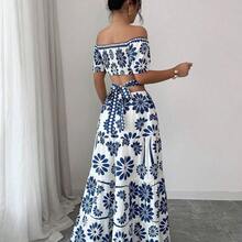 Casual Floral Print Off-Shoulder Crop Top Dress, Summer - Verde - Ver 3