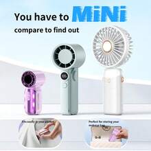 Qixinke Mini Pocket Handfläkt 1–199 justerbara vindhastigheter, med LED-digital display och 7-färgsbelysning: gradient- och fasta färglägen valbara, 3600mAh inbyggt batteri, utrustad med bärbar nyckelrem, perfekt som barnpresent, för utomhusresor och makeupanvändning - A - Visa 11