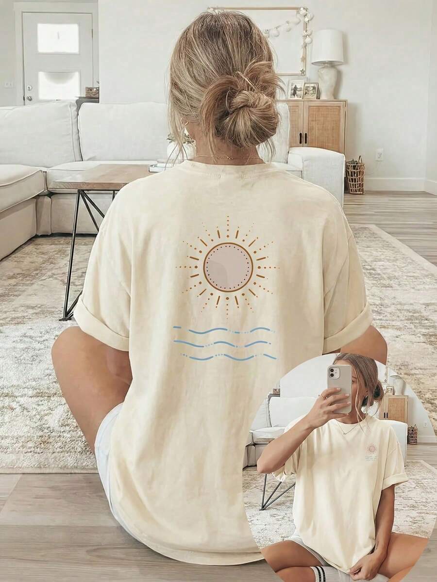 [Double-Sided Print] Women's Spring/Summer Loose Casual Clothing, Short-Sleeve Crew Neck T-Shirt, Sun And Wave Print - Vintage Urban Style, Unisex Cotton Loose Short-Sleeve Crew Neck T-Shirt - 杏色 - 查看 1