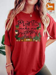 Camiseta de Mujer con Estampado de Planta Verde en Maceta |   Camiseta Unisex de Estilo Urbano Vintage, de Algodón, Manga Corta y Cuello Redondo - Albaricoque - Ver 7