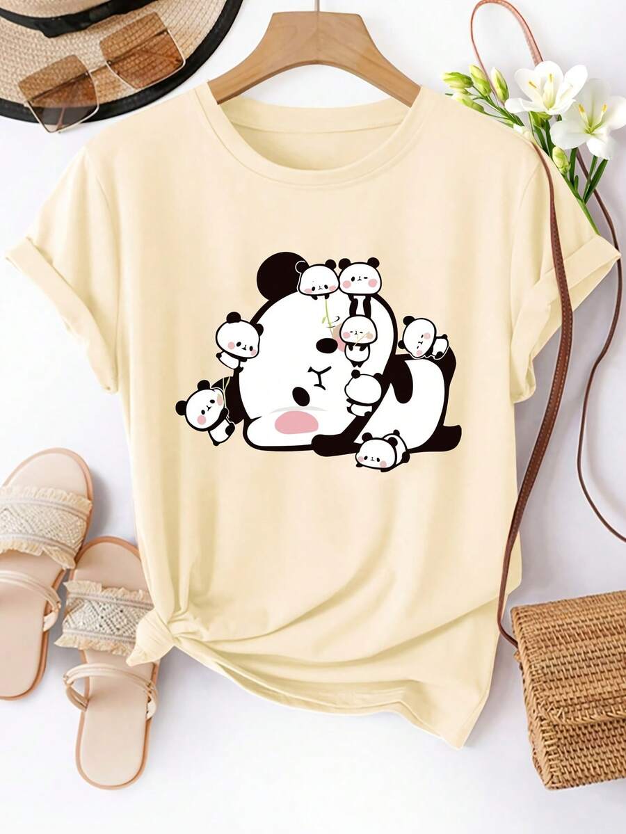 Women's Short Sleeve Crew Neck T-Shirt, Hugging Panda Family Print, Machine Washable, Spring/Summer T-Shirt, Fun Design, Comfortable Fit - Unisex Vintage Style Loose Fit Cotton Crew Neck Short Sleeve T-Shirt. - 杏色 - 查看 1