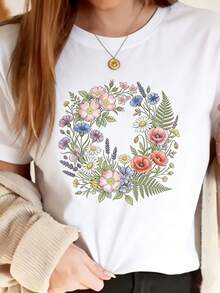 Camiseta de mujer con corona de flores silvestres bohemias - Top puro de manga corta, cuello redondo y uste hoado con estampado floral, estilo blusa de verano transpirable para atuendo casual, ropa de vacaciones y regalo, lavable a máquina - Blanco - Ver 2