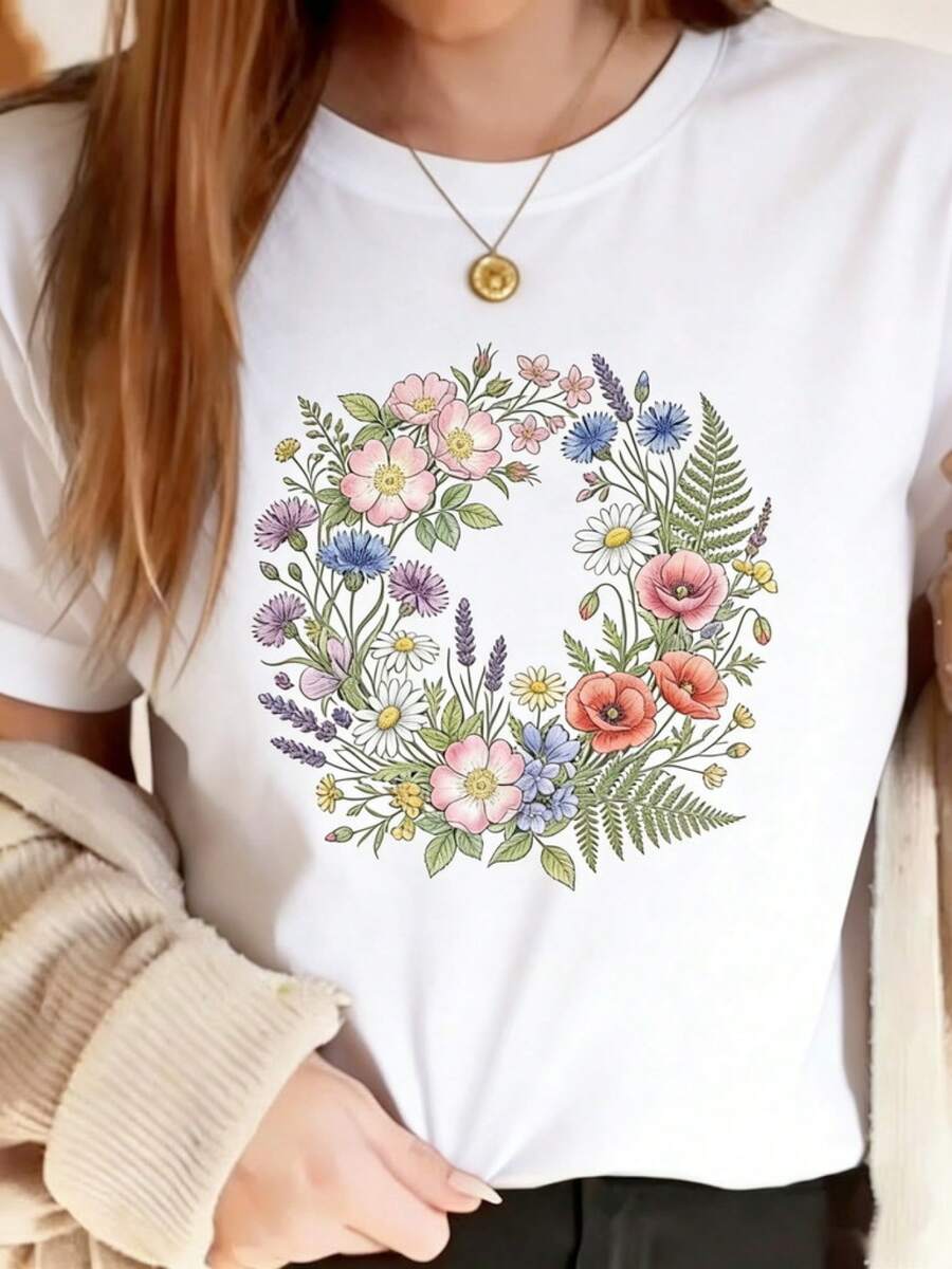 Camiseta de mujer con corona de flores silvestres bohemias - Top puro de manga corta, cuello redondo y uste hoado con estampado floral, estilo blusa de verano transpirable para atuendo casual, ropa de vacaciones y regalo, lavable a máquina