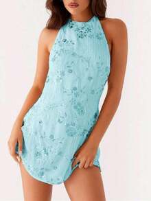 2026 Spring/Summer New European And American Elegant Women's Dress Series Orange Embroidered Halter Dress, Sleeveless Bodycon Party Dress Club & Evening KI6V - 藍色 - 查看 1