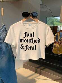 100% Cotton Crop Top T-Shirt With Gothic Lettering Foul Mouthed  , On Wooden Hanger, Glasses, Blue Jeans, Indoor Staircase, Vacation Outfitswomen - White - View 1