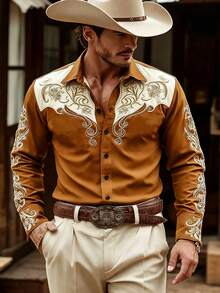 Herren Hemd mit Kentkragen, Knopfleiste, Langarm, Blume Muster, Vintage Retro Western Stil, für Lässig und Büro, geeignet für Frühling und Herbst - Braun - Übersicht 11