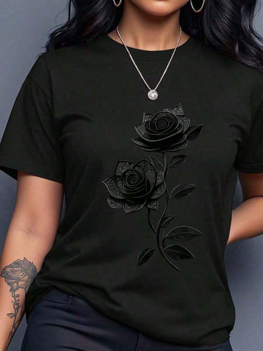 Camiseta de manga corta con cuello redondo y diseño liso en talla grande, versátil y práctica. - Negro - Ver 1