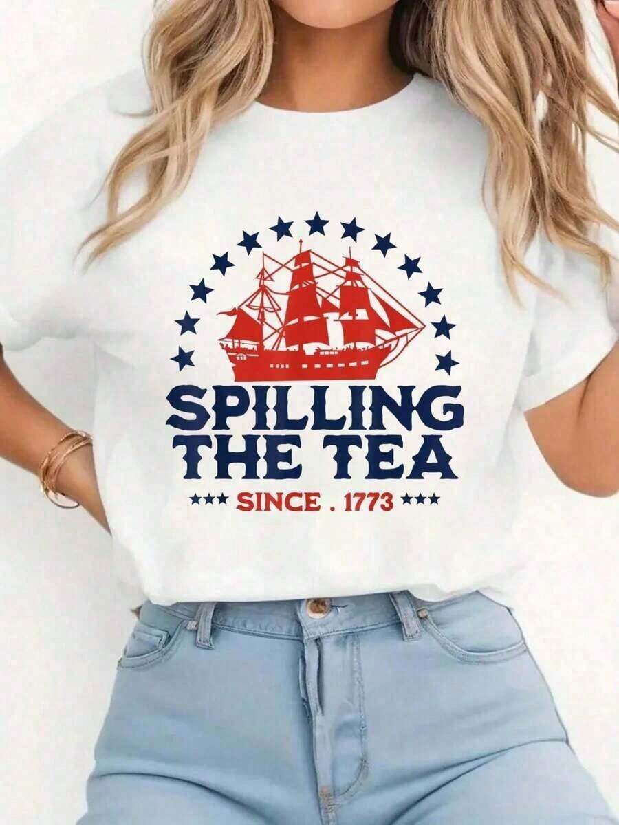 Women's Y2K Summer Casual T-Shirt, 1 Piece, Fun 4th Of July Print Tee "Spilling The Tea Since 1773", Casual Crew Neck Short Sleeve T-Shirt, Comfortable For - 白色 - 查看 1