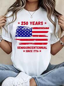 1 Piece Women's Crew Neck T-Shirt With American Flag Print, 250 Years Of Semi-Quincecentennial Since 1776, Short Sleeve, Casual Summer Style For Independence Day Celebration, 180g 100% Cotton. - 白色 - 查看 7