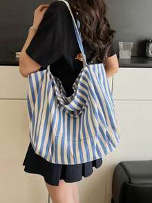 Hevel Vintage Style Fashion Striped Canvas Tote Bag, Large Capacity Shoulder Bag, Casual Design Suitable For Women's Travel And Vacation Use, Essential Travel Accessory For Women - Blue - View 3