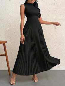 Vestido elegante de línea A ajustado con pliegues para mujeres - Negro - Ver 3