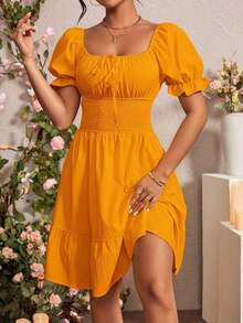 Vestido de mujer de manga corta con cuello cuadrado de unicolor, de moda para el verano - Naranja - Ver 5