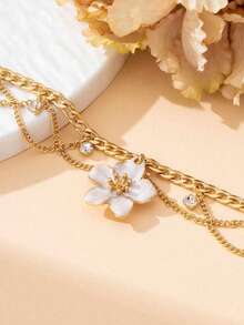 Double-Layer Anklet, Beach Vacation Style Tassel Flower Pendant Chain Foot Jewelry - White - View 3