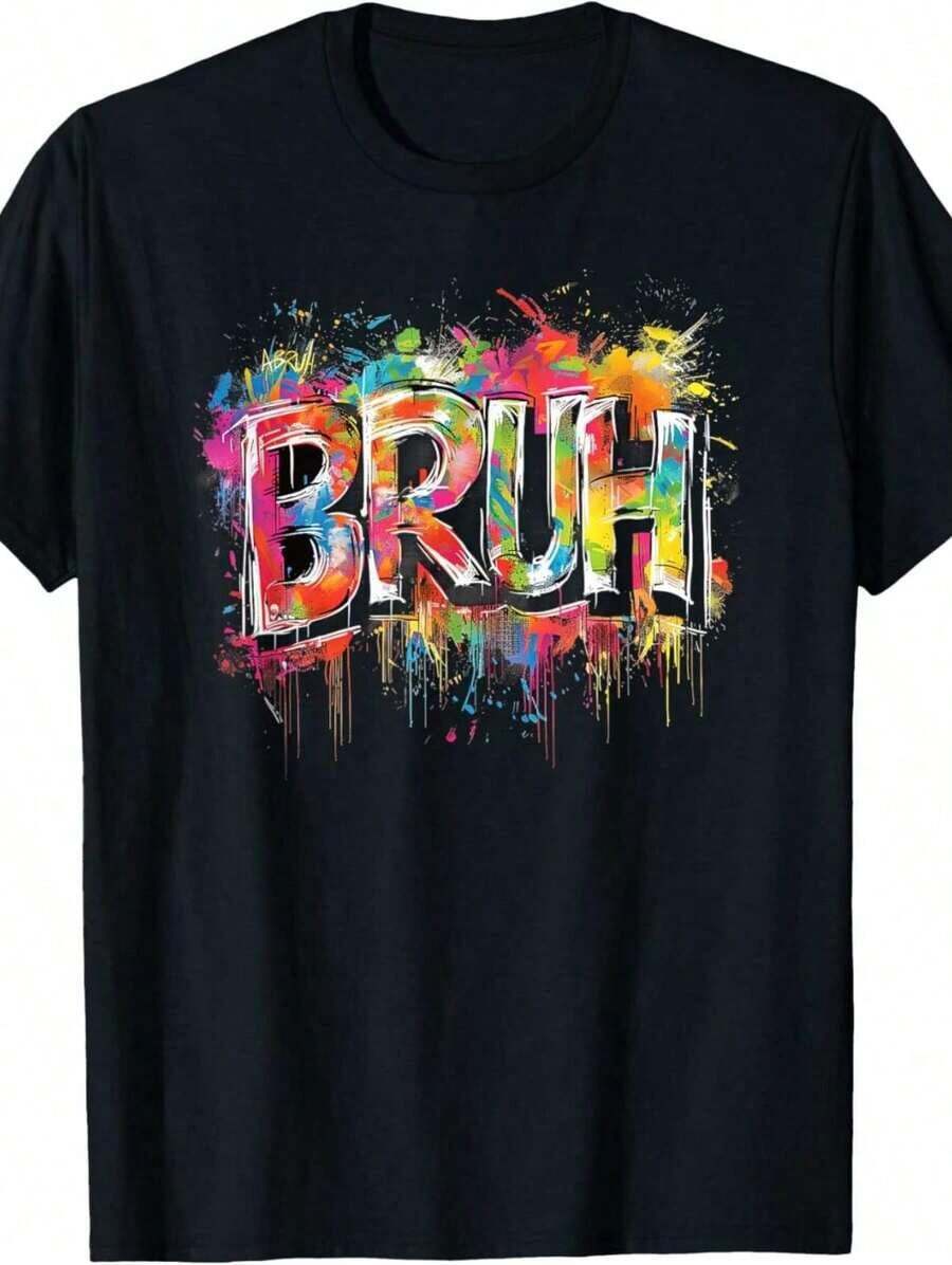 Men's Premium Unisex Casual T-Shirts, Colorful "Bro." Graphic T-Shirt - Soft Cotton Casual T-Shirt With Vibrant Print, Premium Quality Black Crew Neck T-Shirt For Casual Wear, T-Shirts - 黑色 - 查看 1