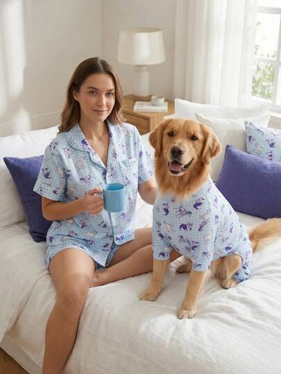 Matching Dog And Onwer Summer Shedding Hair Control Pajamas - Breathable High Stretch Full Coverage Pet Rompers, Summer Anti Licking & Bug Protective Jumpsuit For Medium Large Dogs, All Over Printing Dog Clothes - Cute Blue With White Stripe And Dog Pattern