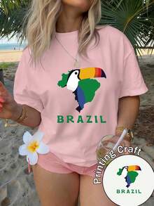 Camiseta de manga corta con cuello redondo para mujer, 100% algodón, lavable a máquina, fácil cuidado, diseño casual con estampado de mapa de Brasil y tucán gigante, colores brillantes, top de nuevo estilo para el verano 2026, adecuada para viajes y uso diario. - Blanco - Ver 10