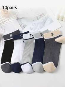 5 pares de calcetines cortos unisex con letra R, bloques de color, transpirables, casuales y deportivos - Multicolor - Ver 7