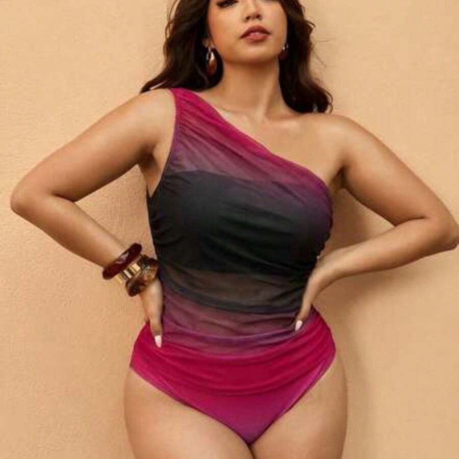 Elaquor Plus Size Women Ombre Ruched One-Piece Swimsuit, Fashionable Vacation - Rosa - Ver 1