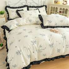 Cream-Colored Girly Ruffled Soft Brushed Floral Duvet Cover 3 Pieces Set (1 Duvet Cover + 2 Pillowcases, Comforter & Pillow Inserts Not Included), Bedding Set, Comfortable Soft Breathable Cozy Versatile, Machine Washable For All Seasons - White and Black - View 8