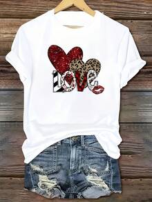 Women's Casual Short Sleeve T-Shirt - Sparkling Heart And Leopard Print Design For Valentine's Day With Bold LOVE Lettering, Loose Fit Crew Neck, Machine Washable, All Season Top, Everyday Wear, Fun Style, Easy Care, Printed T-Shirt, For Fashion Lovers - 白色 - 查看 7