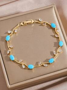 1pc Copper Zirconia Oxidized Decorated Classic Tennis Chain Bracelet, Floral, Leaf, Heart & Geometric Minimalist Multifunctional Design, Niche Luxury Ins-Style Multi-Gemstone Tennis Bracelet, Suitable For Young People To Wear For Party, Daily, Date And Special Occasions As An Eye-Catching Accessory - Gold - View 11