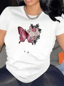 Women's Short Sleeve T-Shirt With Butterfly And Flower Print, Comfortable Casual Blouse For Spring Summer, Elegant Top For Plus Size Women - 白色的 - 查看 2