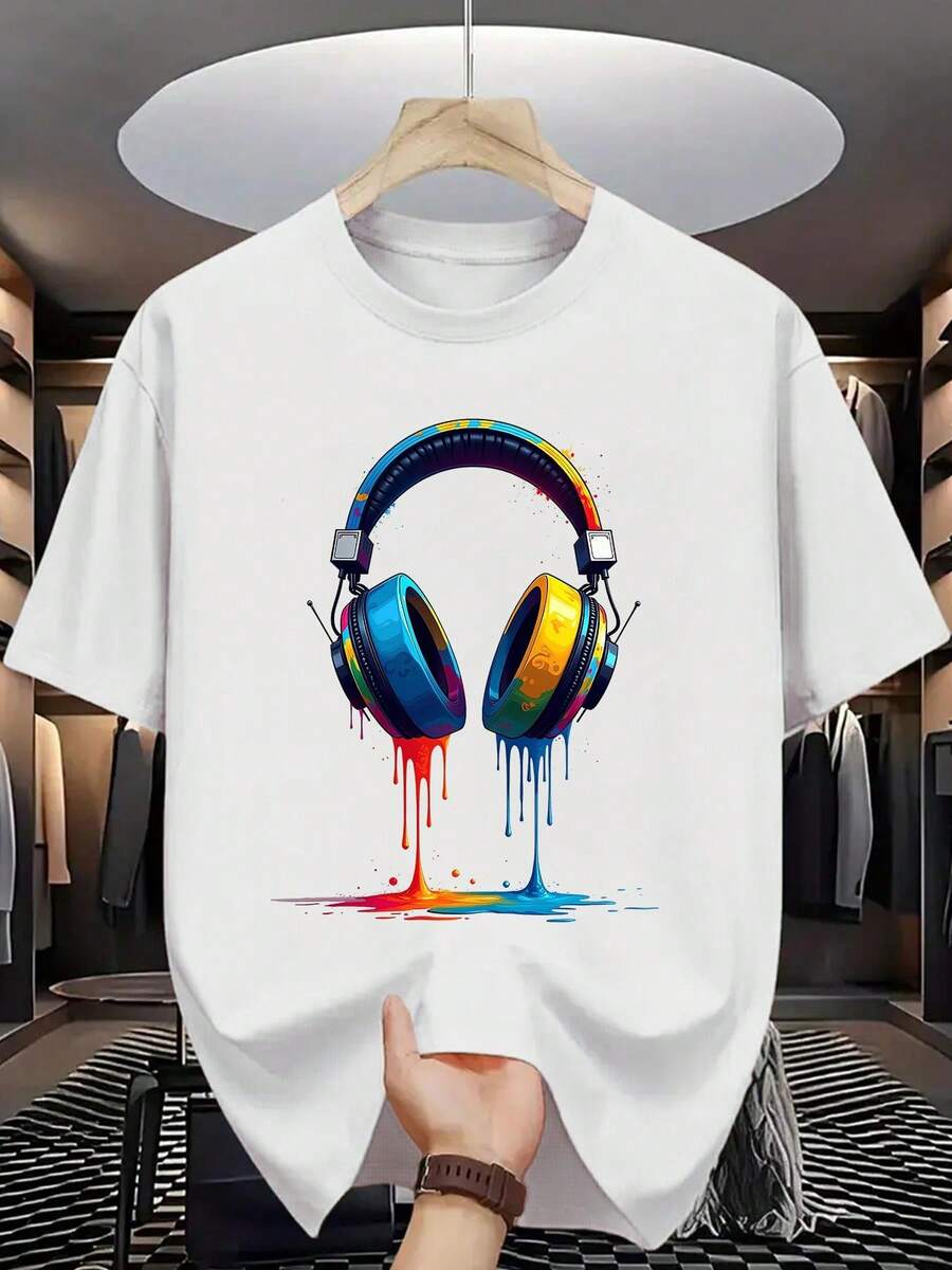 Camiseta unisex colorida con diseño de gota de agua y auriculares, camiseta con estampado de estilo urbano para amantes de la música, blusas para mujer, blusas, blusas casuales para mujer, tops para mujer, tops, unisex. - Blanco - Ver 1