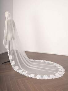 1 Pc Mantilla Cathedral Length 3M Wedding Veil Soft French Lace Applique Edge Ivory Bridal Veil With Comb For Bride - Ivory - View 5