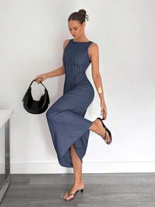Nuevo vestido largo de verano con corte en la cintura y diseño fruncido, estilizador - Gris azul - Ver 1