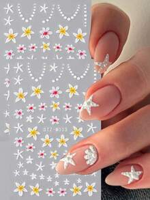 2pcs 3D Summer Ocean Style Starfish & Flower Nail Art Stickers, Minimalist Tropical Floral Slider Nail Decals For Beach Party, Women - Multicolor - View 1