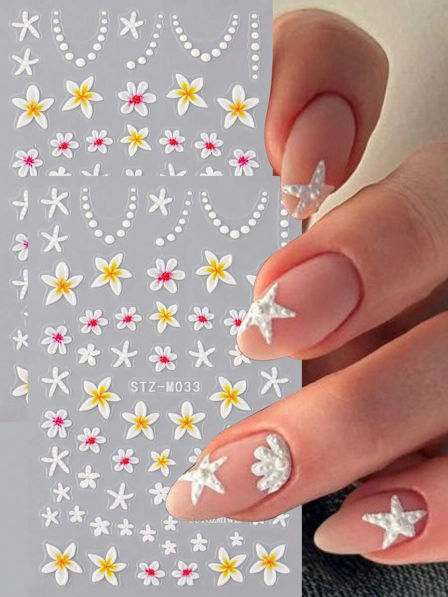 2pcs 3D Summer Ocean Style Starfish & Flower Nail Art Stickers, Minimalist Tropical Floral Slider Nail Decals For Beach Party, Women - Multicolor - View 1