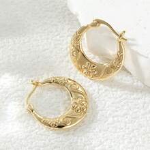 Wide Silhouette Hoop Earrings, Engraved Floral Pattern + Heart And Floral Elements, Inherent French Retro Vibe, Understated Yet Eye-Catching Design - Gold - View 5
