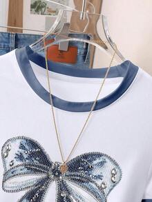 Camiseta de mujer de cuello redondo con estampado de lunares, rayas y corazones - Blanco 5 - Ver 3