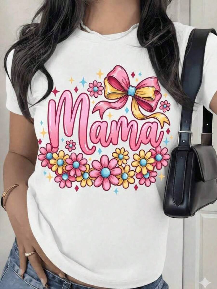Camiseta Mama con Lazo Rosa y Flores |   Playera Día de la Madre | Regalo para Mamá,Minimal Pure Cotton Short Sleeve Tee, Loose Casual All Season Design For Women Female, Lightweight Breathable Fabric For Daily Life Streetwear School Study Weekend Dating Casual Small PartyRopa De Mujer / Ropa De Mujer De Uso Diario / Blusas, Camisas Y Camisetas De Mujer / Camisetas De Mujer Ropa Deportiva Basicos Mujer Short Playeras Para Hombre - Blanco - Ver 1