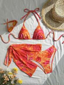 Conjunto de 3 piezas de traje de baño de bikini de unicolor y estilo sexy de halter para mujeres, conjunto de traje de baño, para vacaciones de verano en la playa - Multicolor 3 - Ver 3