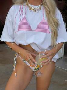 Women's Short-Sleeve T-Shirt With White And Pink Bikini Graphic Print, Casual Round Neck T-Shirt For Summer - 白色 3 - 查看 3