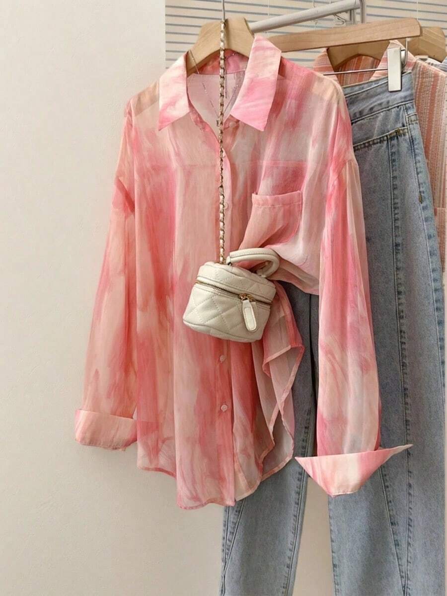 Camisa de protección solar con efecto tie-dye dulce para mujer, de cuello de solapa y manga larga, informal para exteriores/vacaciones, holgada, transpirable y ligera, estilo camisa, color rosa, para primavera/verano - Rosa - Ver 1