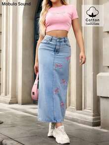 Mid-East Spring & Summer Y2K Sexy Music Festival Student/Collegiate Versatile Casual Vacation Fashion Cute Bow Embroidery Figure-Flattering Denim Maxi Skirt - Azul - Ver 6