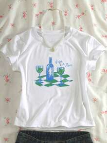 Camiseta de manga corta para mujer con estampado de eslogan, cuello redondo, estilo casual y versátil, para el tiempo libre. - Blanco 5 - Ver 3
